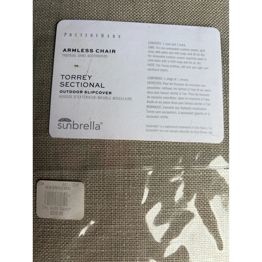 Pottery Barn Torrey Sectional Outdoor Sunbrella Armless Chair Slipcover‎ Taupe